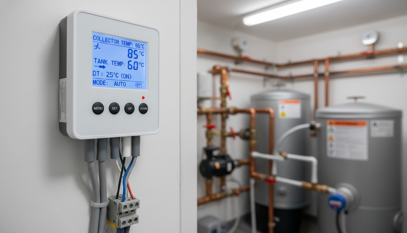 Solar water heater controller displaying collector temperature, tank temperature, temperature difference and automatic operating mode